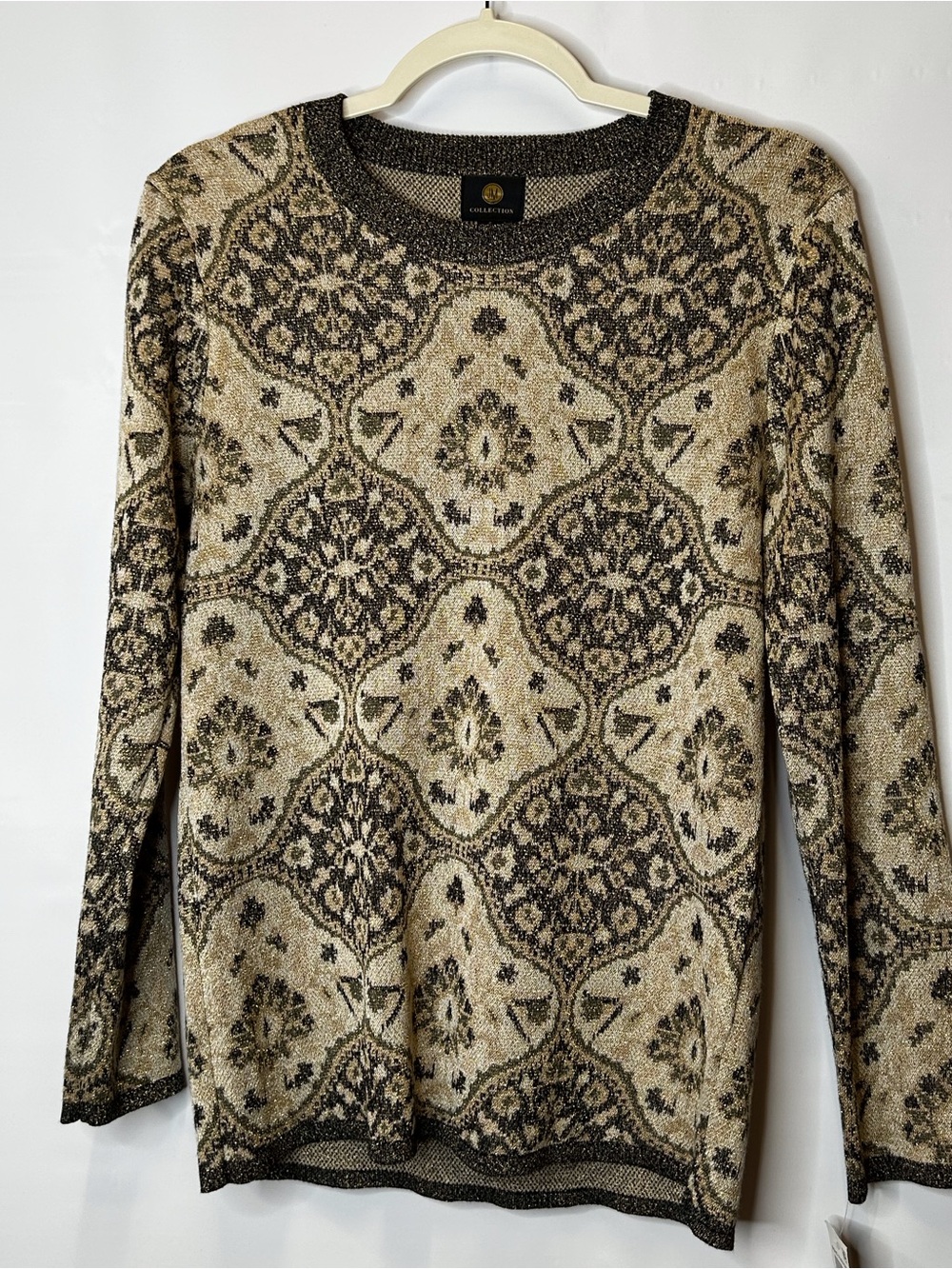 JM Collection Beige and Brown Medallion Crewneck Sweater